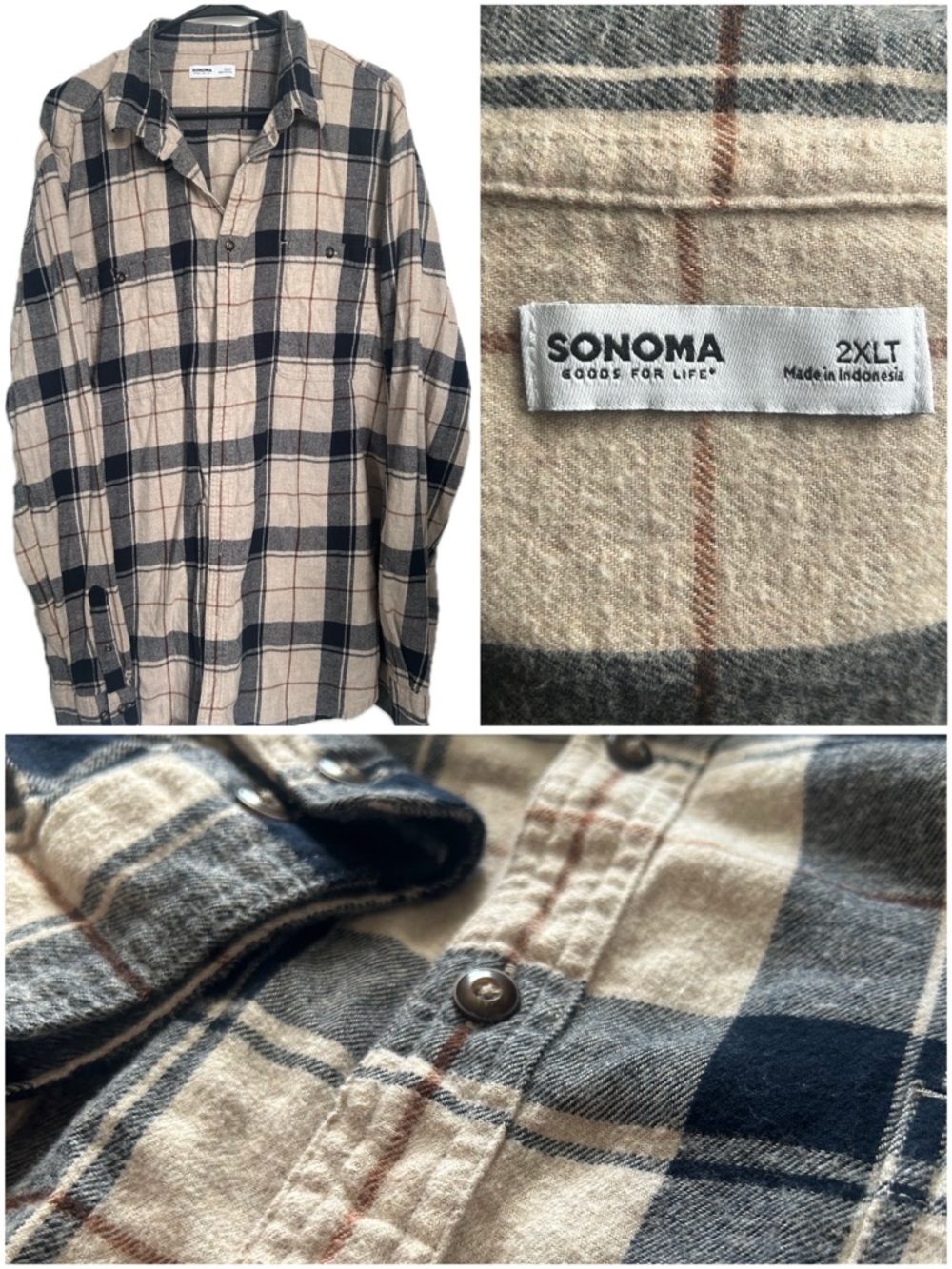 SONOMA Beige and Navy Plaid Button-Down Flannel Shirt